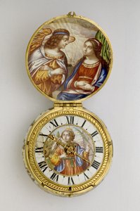 Orologio a verga con cassa in oro e smalto, c. 1650